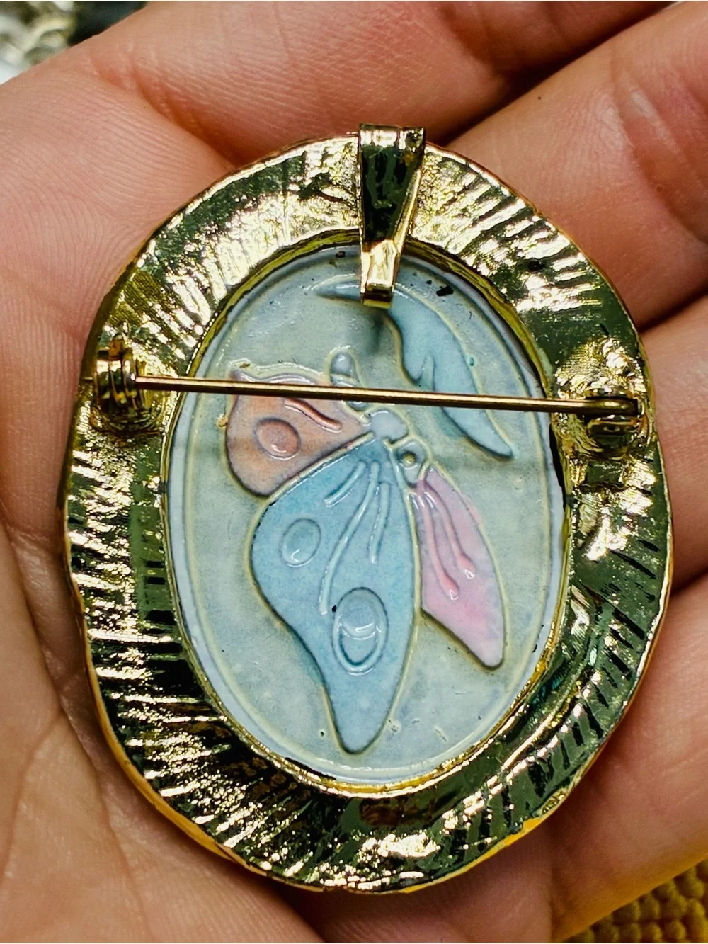 Colorful Butterfly Pendant Brooch in Gold-Tone Frame Unusual Eclectic EUC